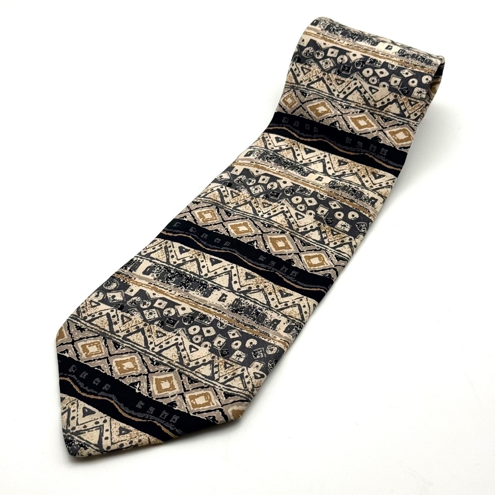 Oleg Cassini Mens Silk Tie Geometric Tribal Pattern Black Tan Made in USA 3.75in